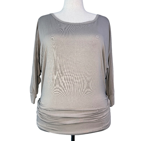 Taupe Dolman Boat Neck 3/4 Sleeve Ruched Hem Top XL - Picture 1 of 5